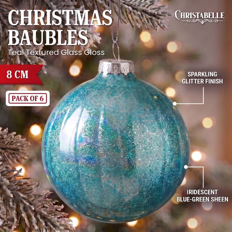 Christabelle 6 Teal Glass Christmas Baubles Textured Gloss 8cm Xmas Tree Decorations Hanging Ornaments Gift Boxed Set image 3