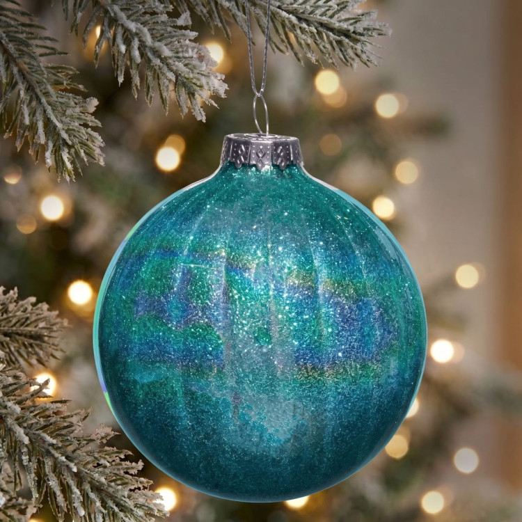 Christabelle 6 Teal Glass Christmas Baubles Textured Gloss 8cm Xmas Tree Decorations Hanging Ornaments Gift Boxed Set image 4