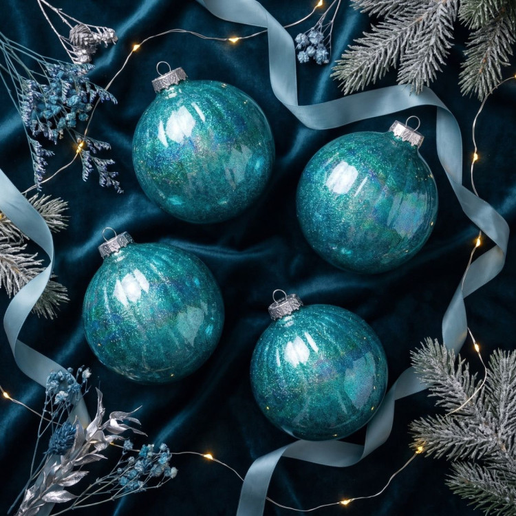 Christabelle 6 Teal Glass Christmas Baubles Textured Gloss 8cm Xmas Tree Decorations Hanging Ornaments Gift Boxed Set image 5