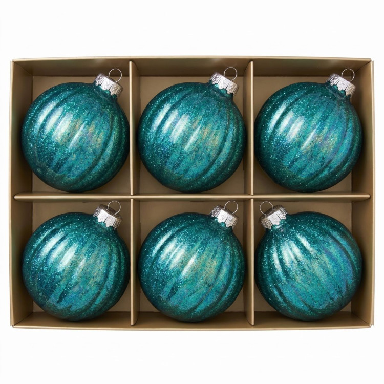 Christabelle 6 Teal Glass Christmas Baubles Textured Gloss 8cm Xmas Tree Decorations Hanging Ornaments Gift Boxed Set image 7
