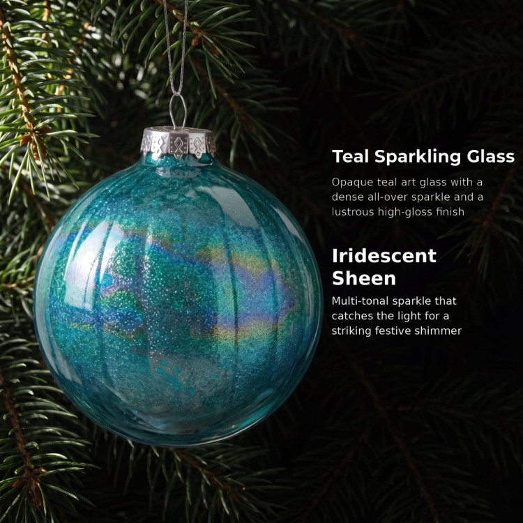 Christabelle 6 Teal Glass Christmas Baubles Textured Gloss 8cm Xmas Tree Decorations Hanging Ornaments Gift Boxed Set image 8