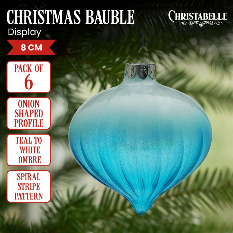 Christabelle Box of 6 Teal Ombre Glass Onion Baubles with Spiral Stripes image 3