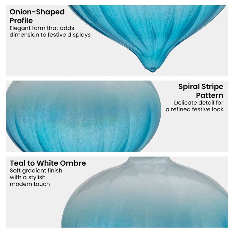 Christabelle Box of 6 Teal Ombre Glass Onion Baubles with Spiral Stripes image 6