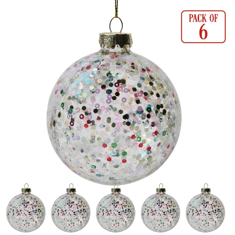 Christabelle Clear Glass Baubles 6Pcs with Colourful Sequins Balls Christmas Tree Decoration Ornament image 6