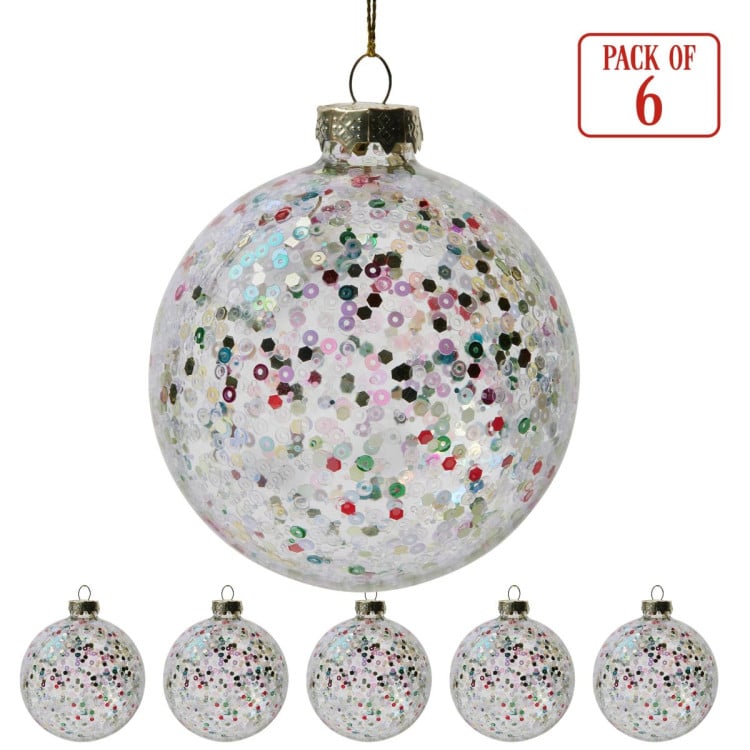 Christabelle Clear Glass Baubles 6Pcs with Colourful Sequins Balls Christmas Tree Decoration Ornament image 6