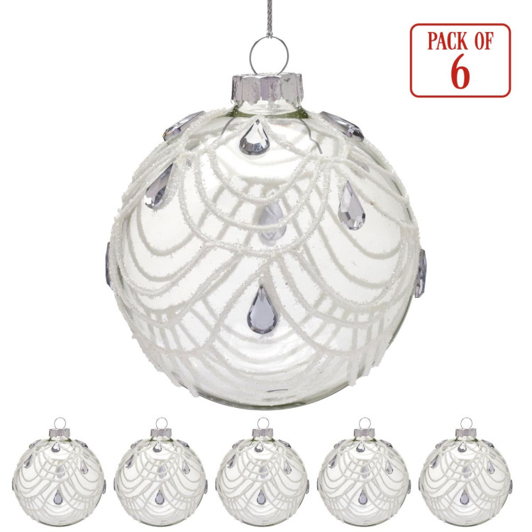 Christabelle Clear Glass Baubles 6Pcs with White Swirls & Teardrop Gems Balls Christmas Tree Decoration Ornament image 6