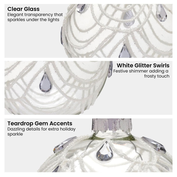 Christabelle Clear Glass Baubles 6Pcs with White Swirls & Teardrop Gems Balls Christmas Tree Decoration Ornament image 8