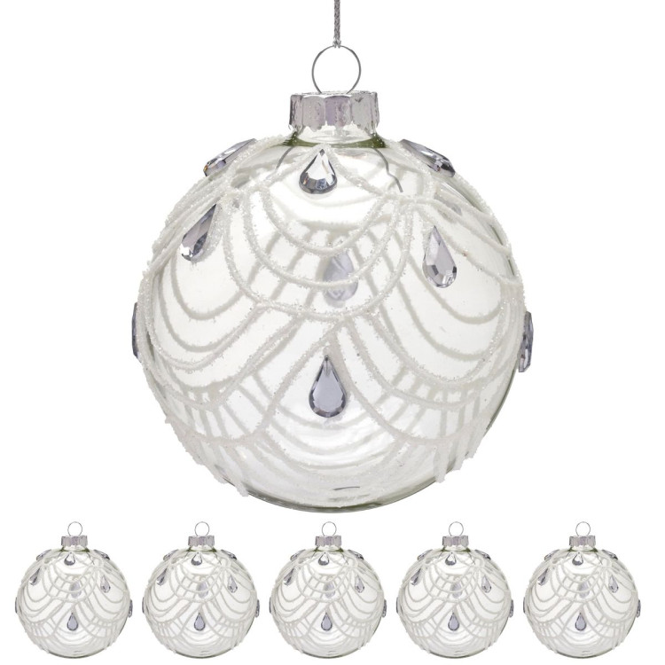 Christabelle Clear Glass Baubles 6Pcs with White Swirls & Teardrop Gems Balls Christmas Tree Decoration Ornament image 4