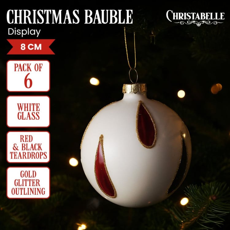 Christabelle White Glass Baubles 6Pcs with Red & Black Teardrops Balls Christmas Tree Decoration Ornament image 2