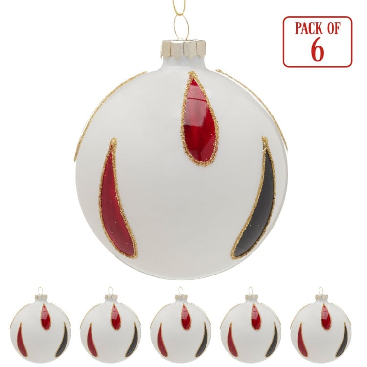 Christabelle White Glass Baubles 6Pcs with Red & Black Teardrops Balls Christmas Tree Decoration Ornament image 3