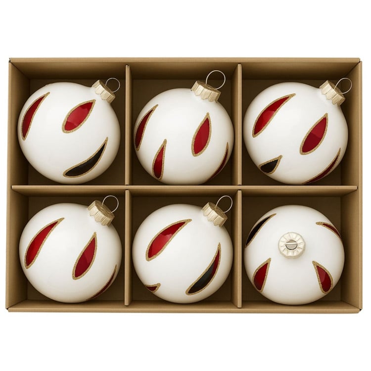 Christabelle White Glass Baubles 6Pcs with Red & Black Teardrops Balls Christmas Tree Decoration Ornament image 4
