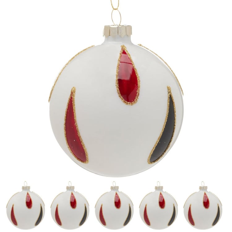 Christabelle White Glass Baubles 6Pcs with Red & Black Teardrops Balls Christmas Tree Decoration Ornament image 8