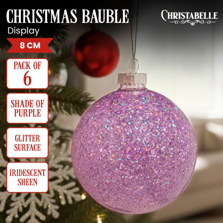 Christabelle Box of 6 Purple Glass Baubles with Glittered Surface image 3