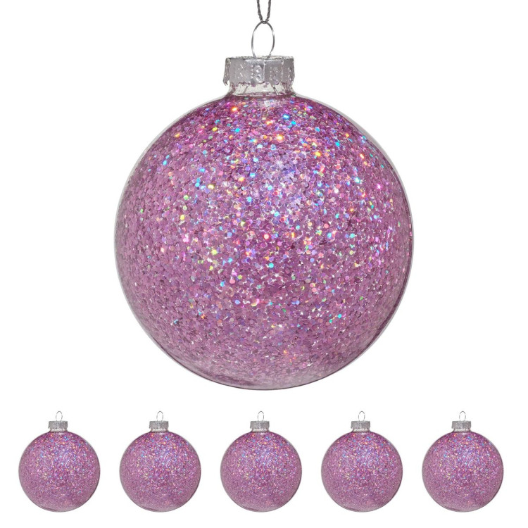 Christabelle Box of 6 Purple Glass Baubles with Glittered Surface image 5