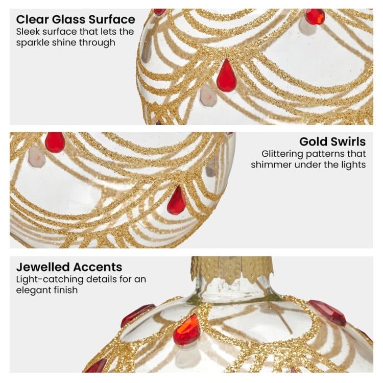 Christabelle Box of 6 Clear Glass Baubles with Gold Swirls and Jewels image 5