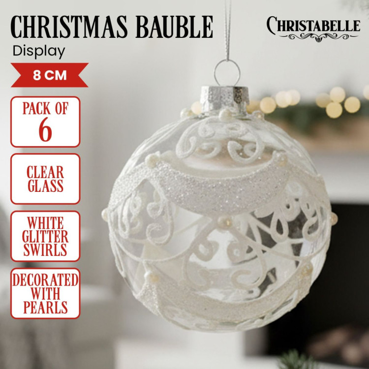 Christabelle Box of 6 Clear Glass Baubles with Glitter Swirls and Pearls image 3