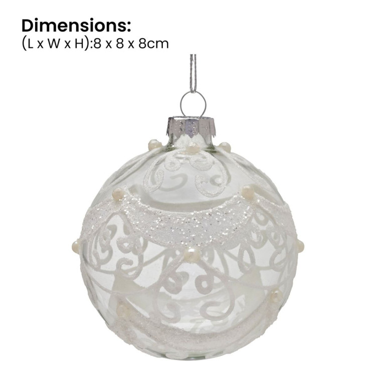 Christabelle Box of 6 Clear Glass Baubles with Glitter Swirls and Pearls image 4
