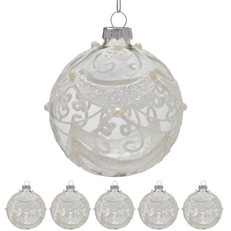 Christabelle Box of 6 Clear Glass Baubles with Glitter Swirls and Pearls image 5