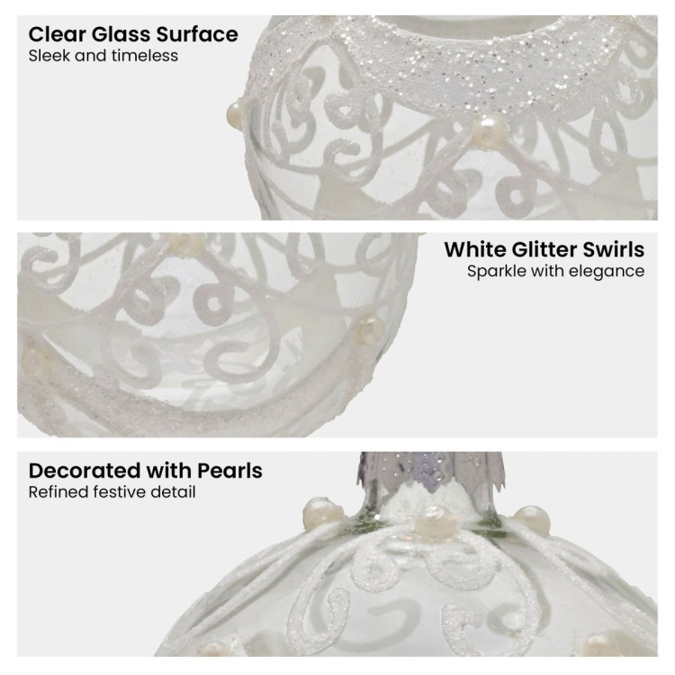 Christabelle Box of 6 Clear Glass Baubles with Glitter Swirls and Pearls image 6