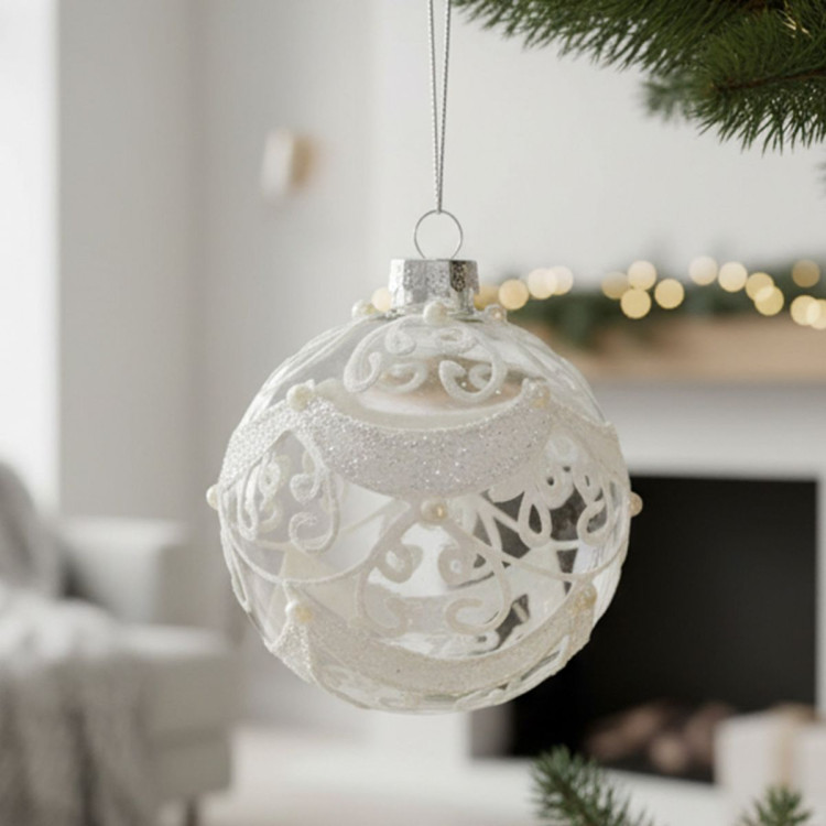 Christabelle Box of 6 Clear Glass Baubles with Glitter Swirls and Pearls image 7