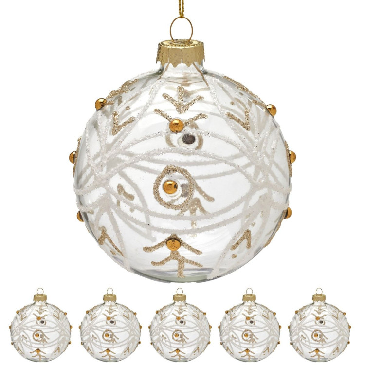Christabelle Box of 6 Clear Glass Baubles with Glitter Swirls and Gold Pearls image 4