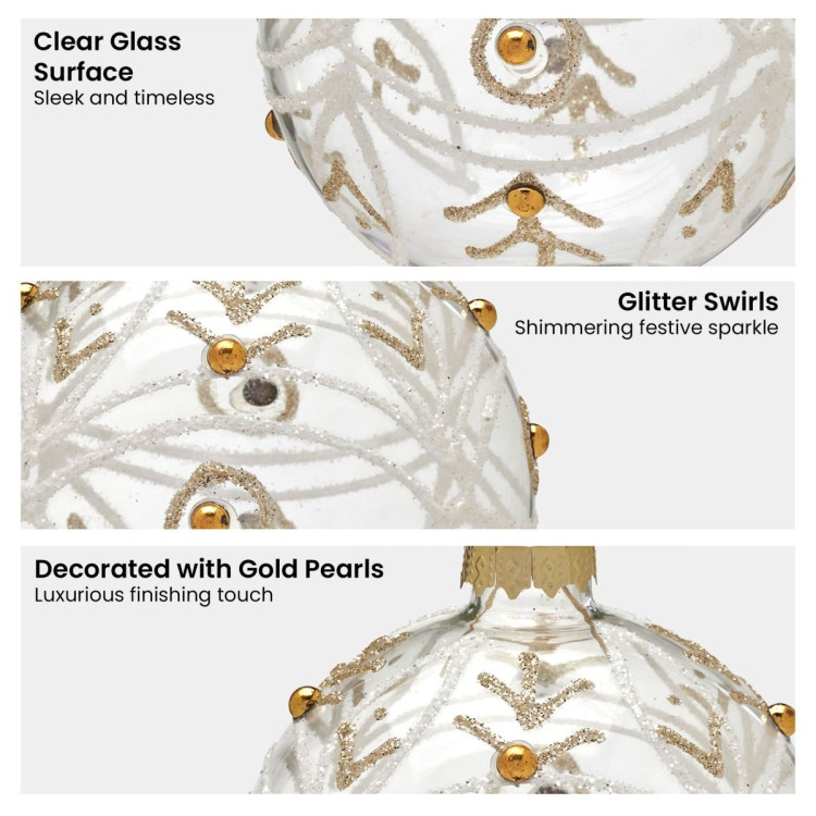 Christabelle Box of 6 Clear Glass Baubles with Glitter Swirls and Gold Pearls image 5