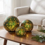 Christabelle 3 Green Glass Christmas LED Light Up Spheres Gold Pattern Table Decor Xmas Ornaments Battery Operated thumbnail 5