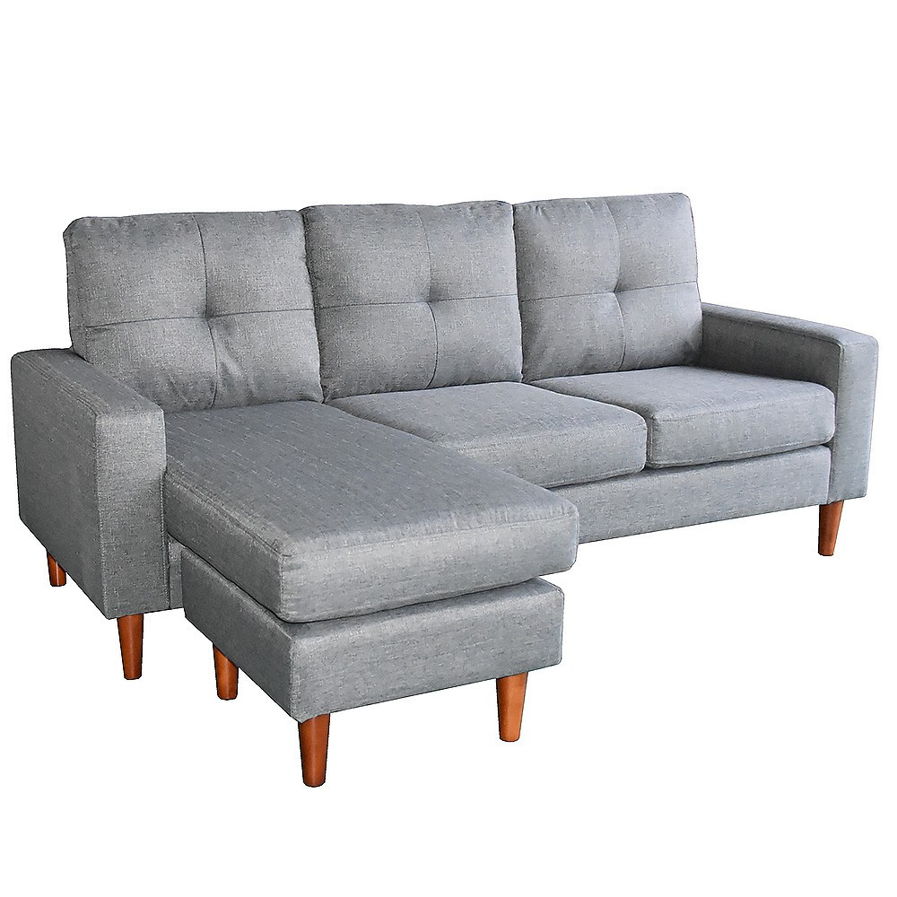 Linen Corner Sofa Couch Lounge Chaise With Wooden Legs Grey