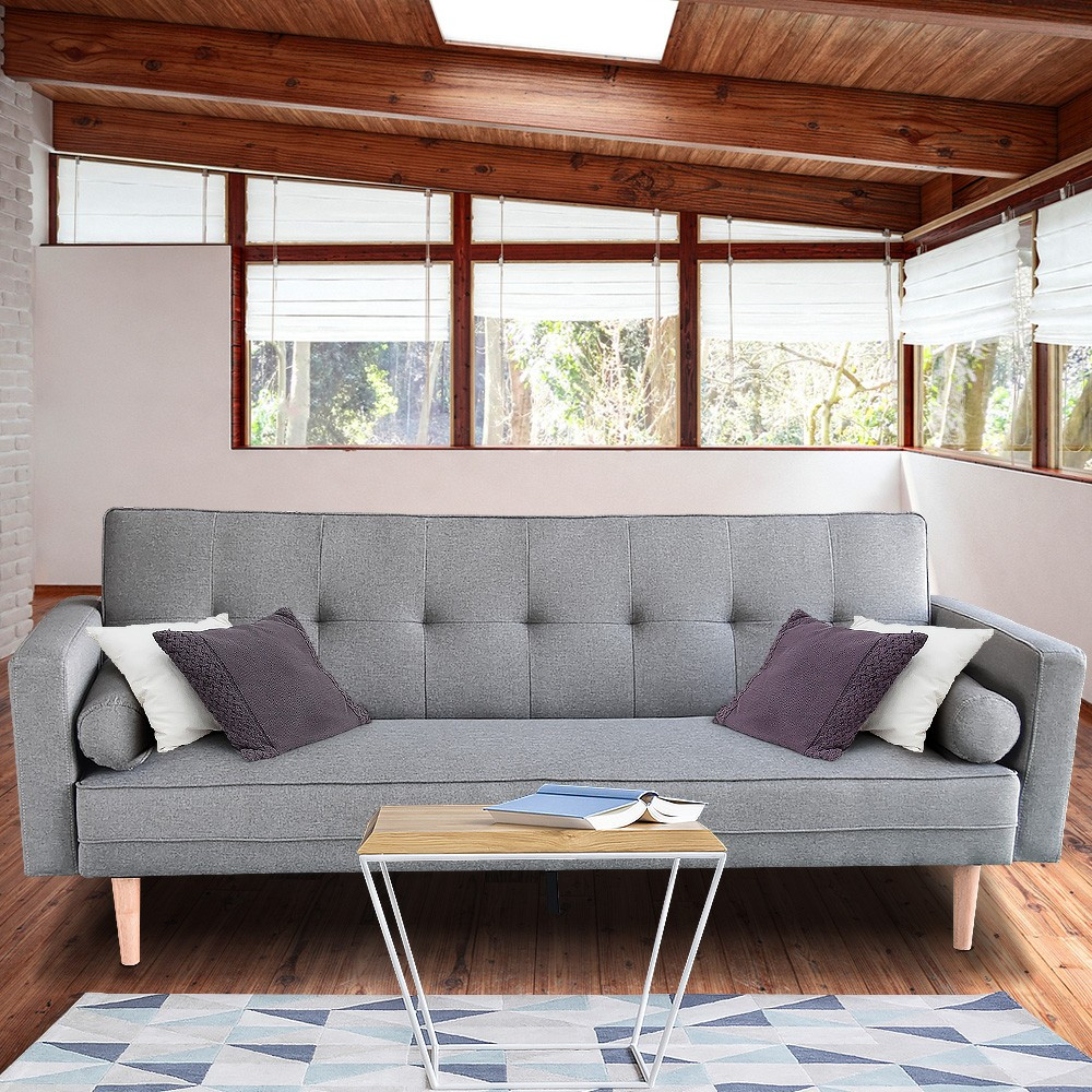 Madison 3 Seater Linen Sofa Bed Couch with Pillows Light Grey