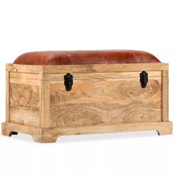 Storage Bench Genuine Leather And Solid Mango Wood 80x44x44 Cm