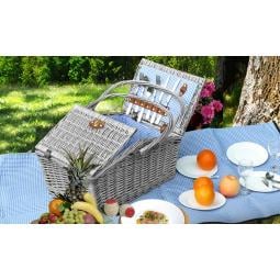 Wicker 4 Person Folding Handle Picnic Basket With Blanket Grey