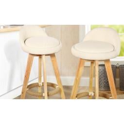2 Pcs Wooden Bar Stools Swivel Padded Fabric Seat Dining Chairs Beige
