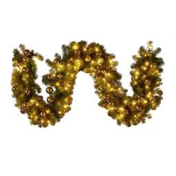 Christmas Garland with Lights 274cm with Gold & Rose Gold Baubles