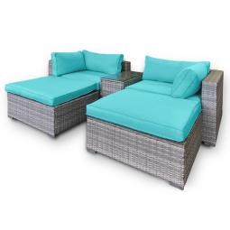 Rattan Outdoor 5pc Corner Chairs Ottoman Furniture Set - Aqua Cushions