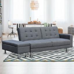 3 Seater Linen Sofa Bed Couch with Storage Ottoman - Dark Grey