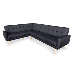 Faux Linen Corner Wooden Sofa Futon Lounge L-shaped with Chaise Black