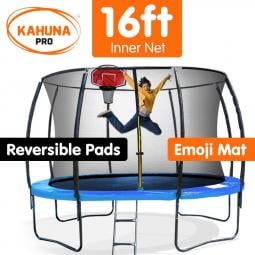 Kahuna Trampoline Pro 16ft - Reversible pad, Emoji Mat, Basketball Set